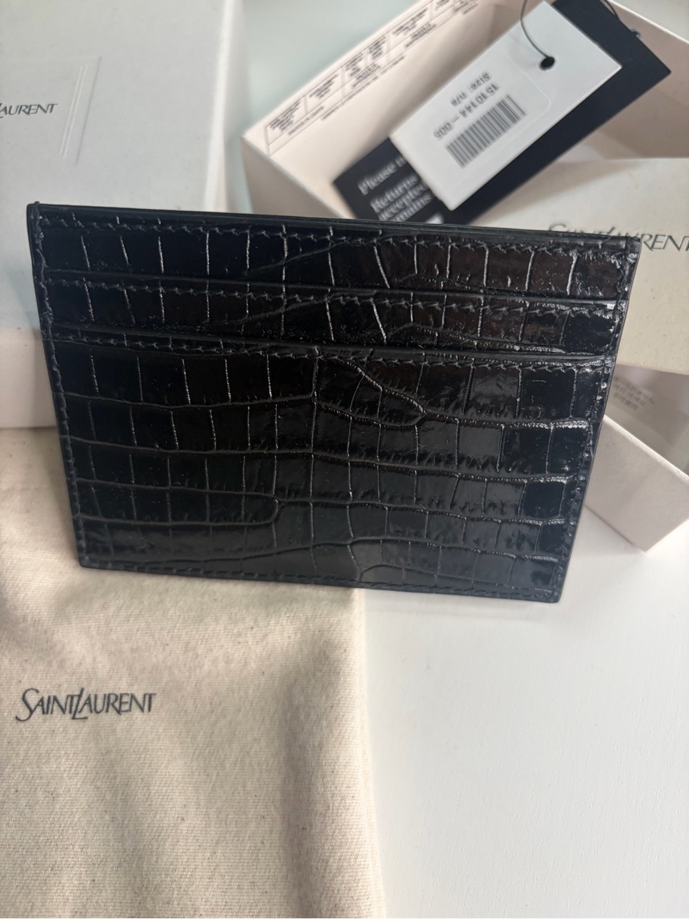 Saint Laurent Black Croc-Embossed Leather Card Case with Gold Logo Accent - Picture 2 of 7